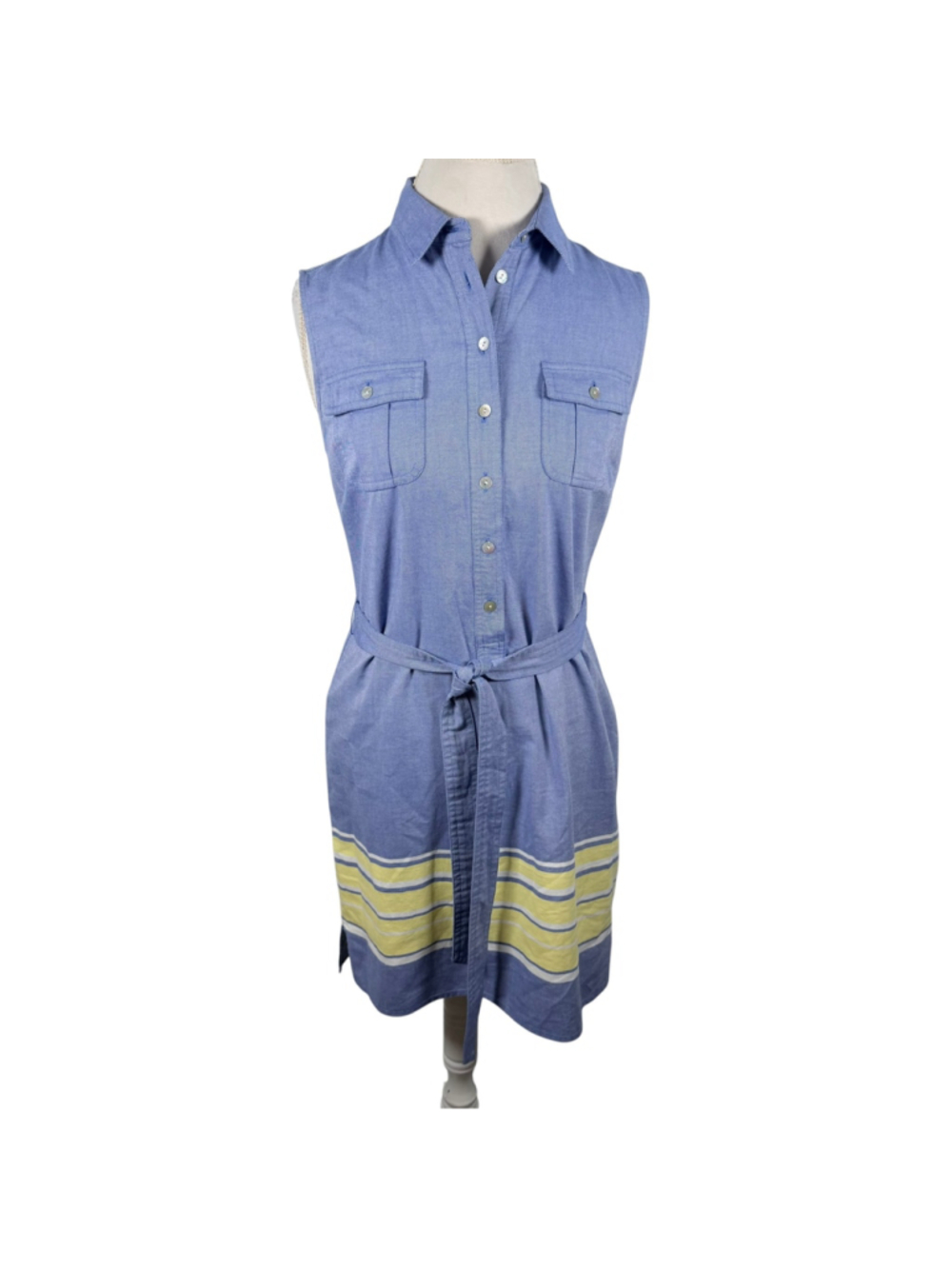 Vineyard Vines Denim Shirt Dress 100% Cotton Blue Border Stripe Belted Size 2 - Picture 2 of 11